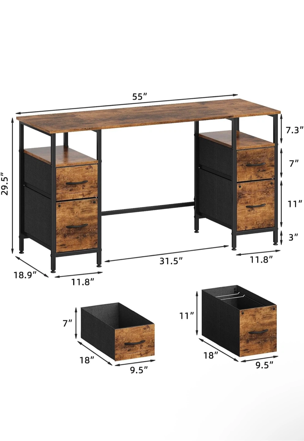 YAOHUOO Computer Desk with 4 Drawers - 55" Rustic Oak