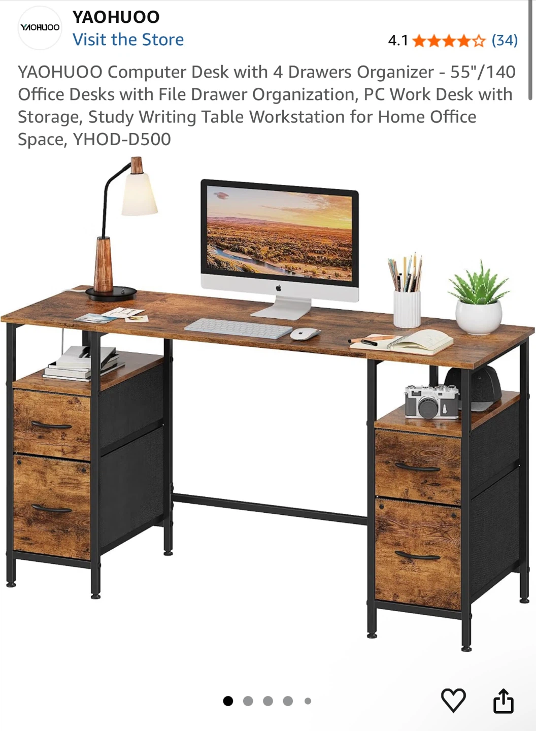 YAOHUOO Computer Desk with 4 Drawers - 55" Rustic Oak - photo 2