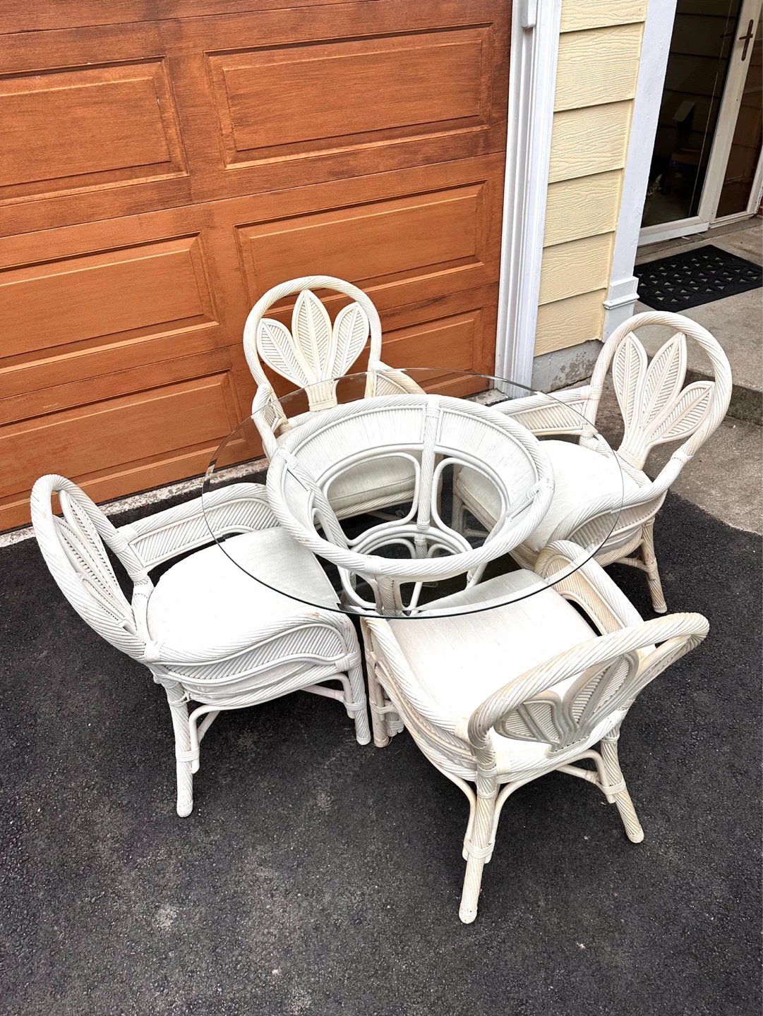 White Rattan Dining Set with Glass Top Table and 4 Chairs