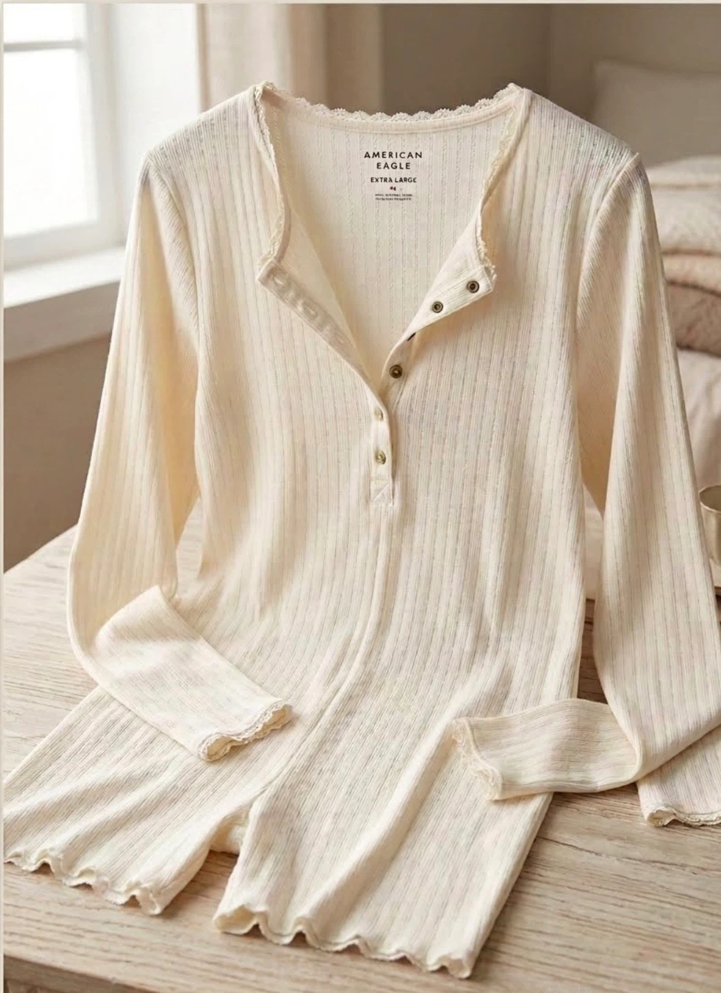 American Eagle AE Lounge Ribbed Romper Pajamas Cream XL