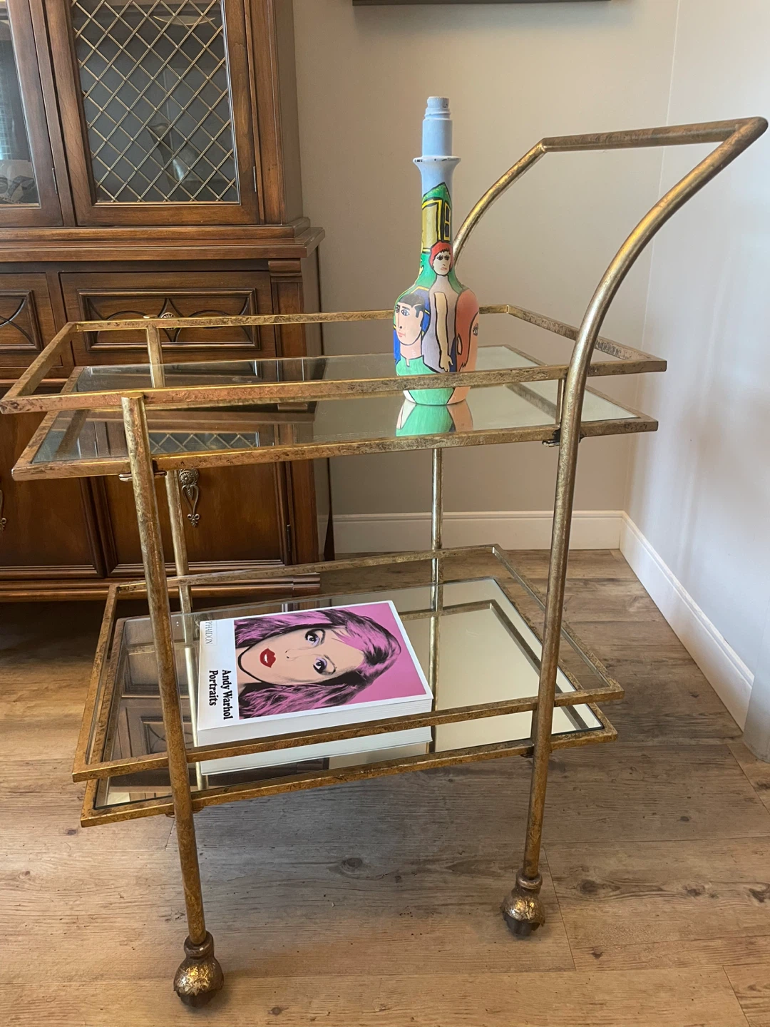 Gold Bar Cart with Mirrored Shelves