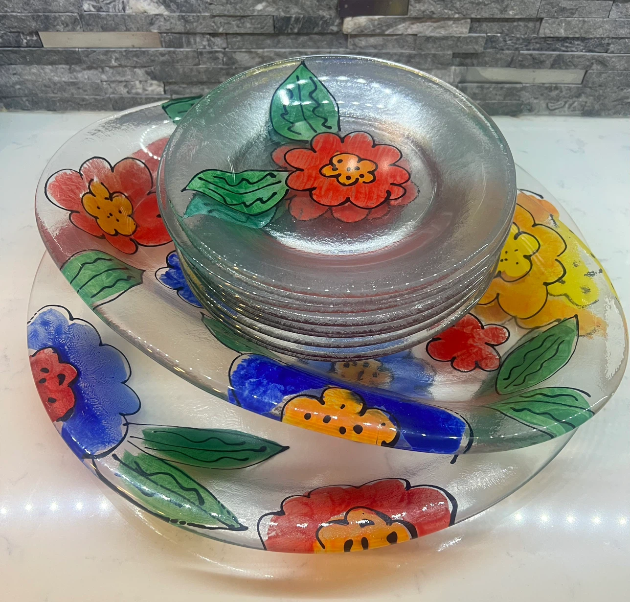 Hand Painted Glass Plates Set - Floral Design