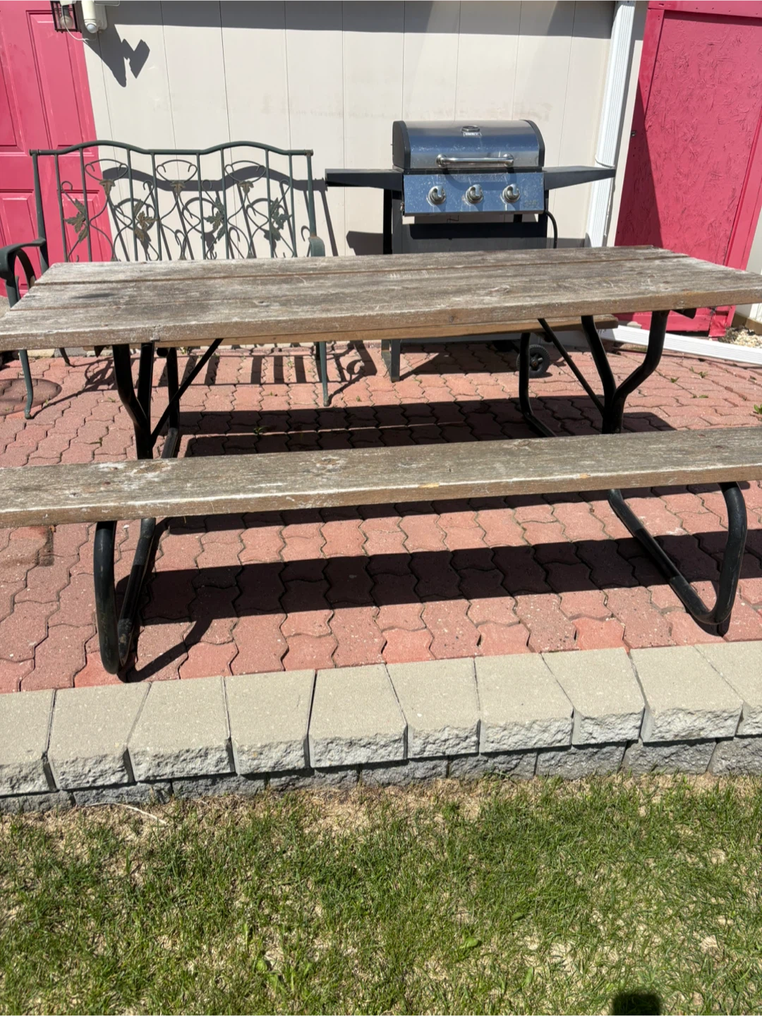 Wooden picnic table with metal frame