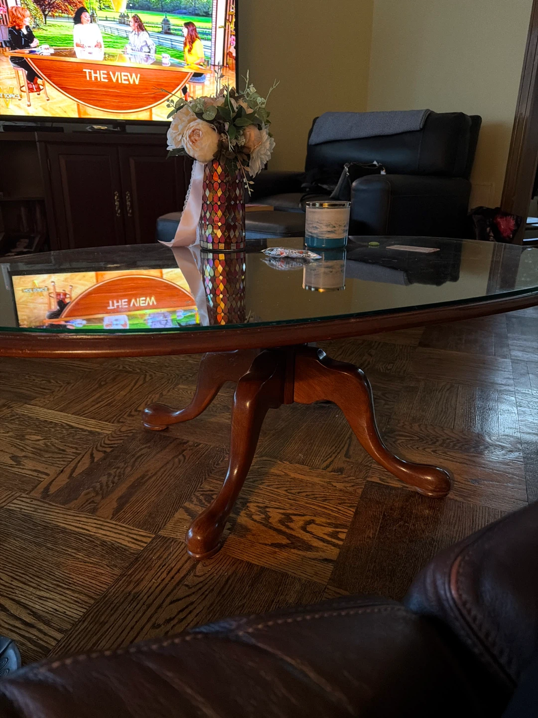 Glass Top Coffee Table with Wooden Base