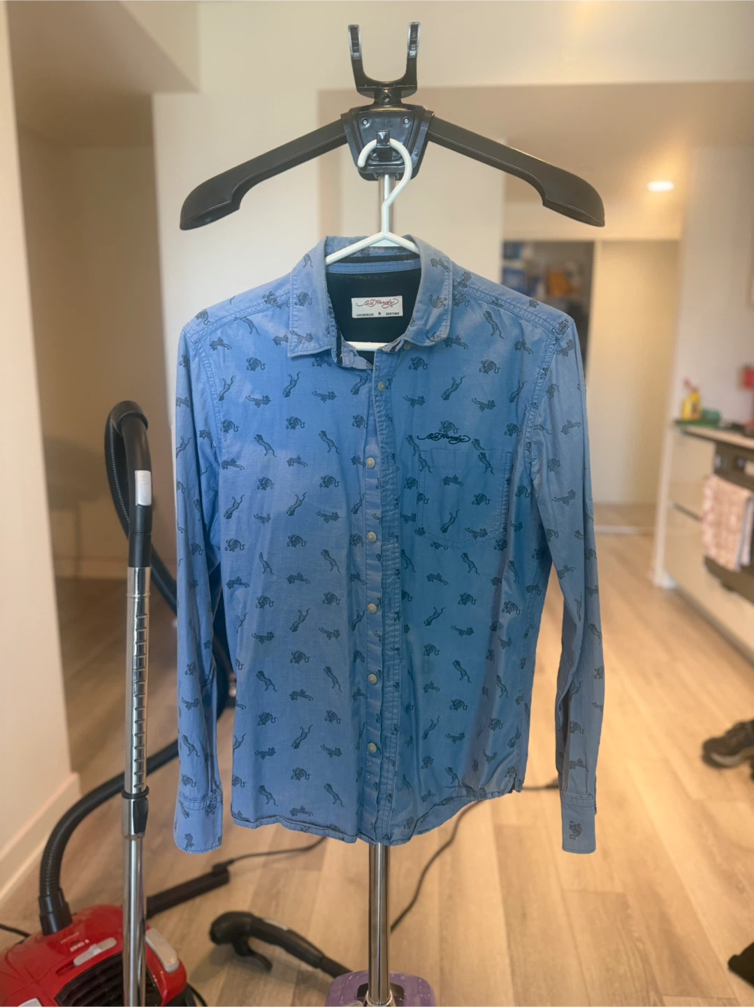Ed Hardy Blue Tiger Print Button-Up Shirt