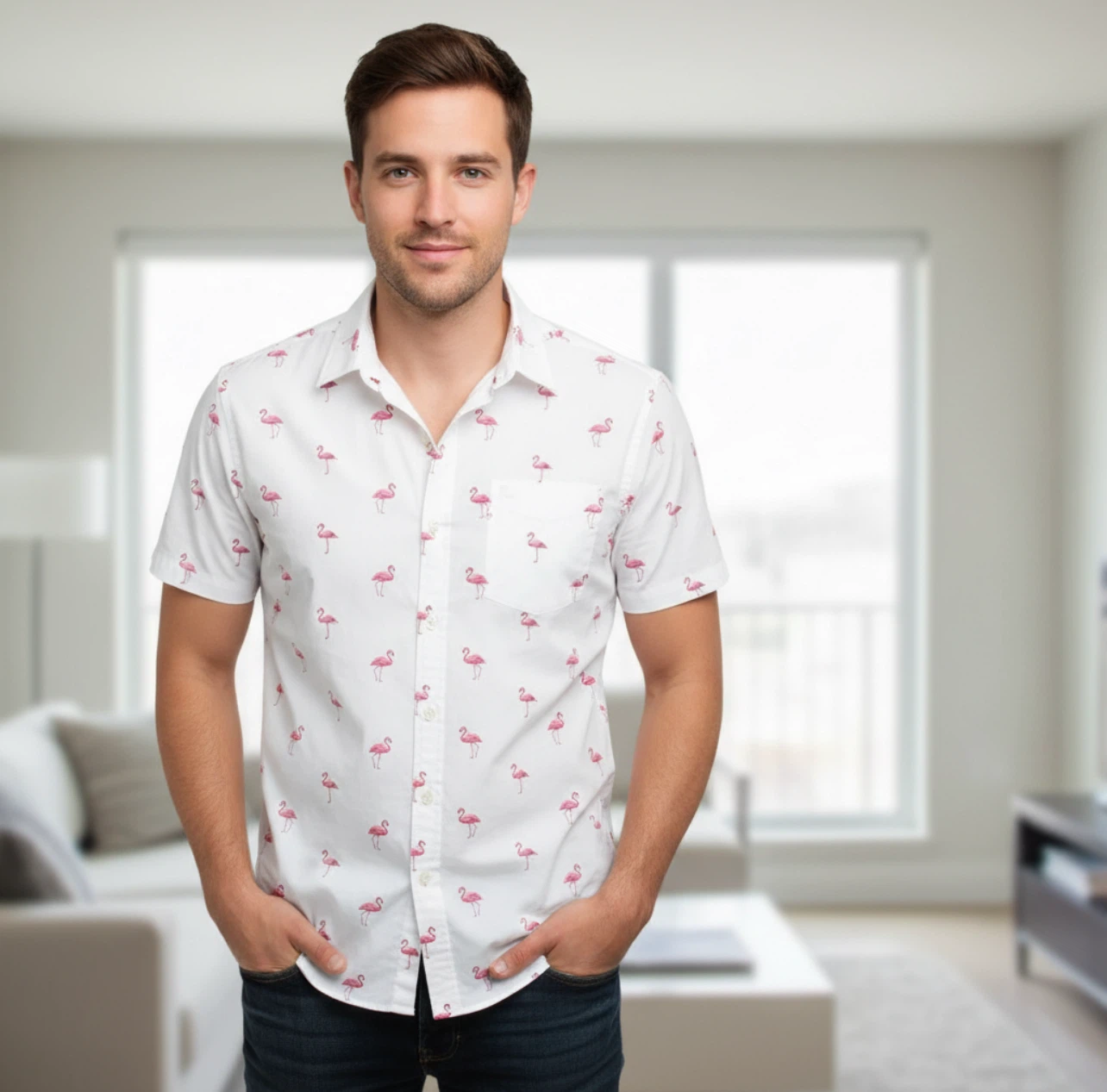Old Navy Men's Flamingo Print Everyday Shirt - Size L