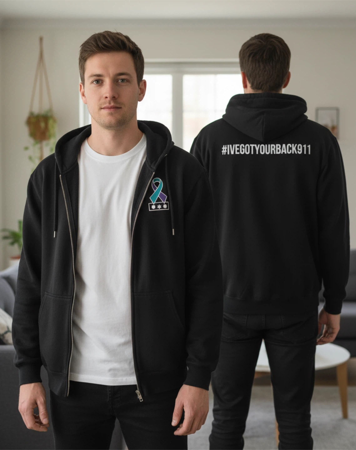 Black Zip-Up Hoodie with #IVEGOTYOURBACK911 Slogan