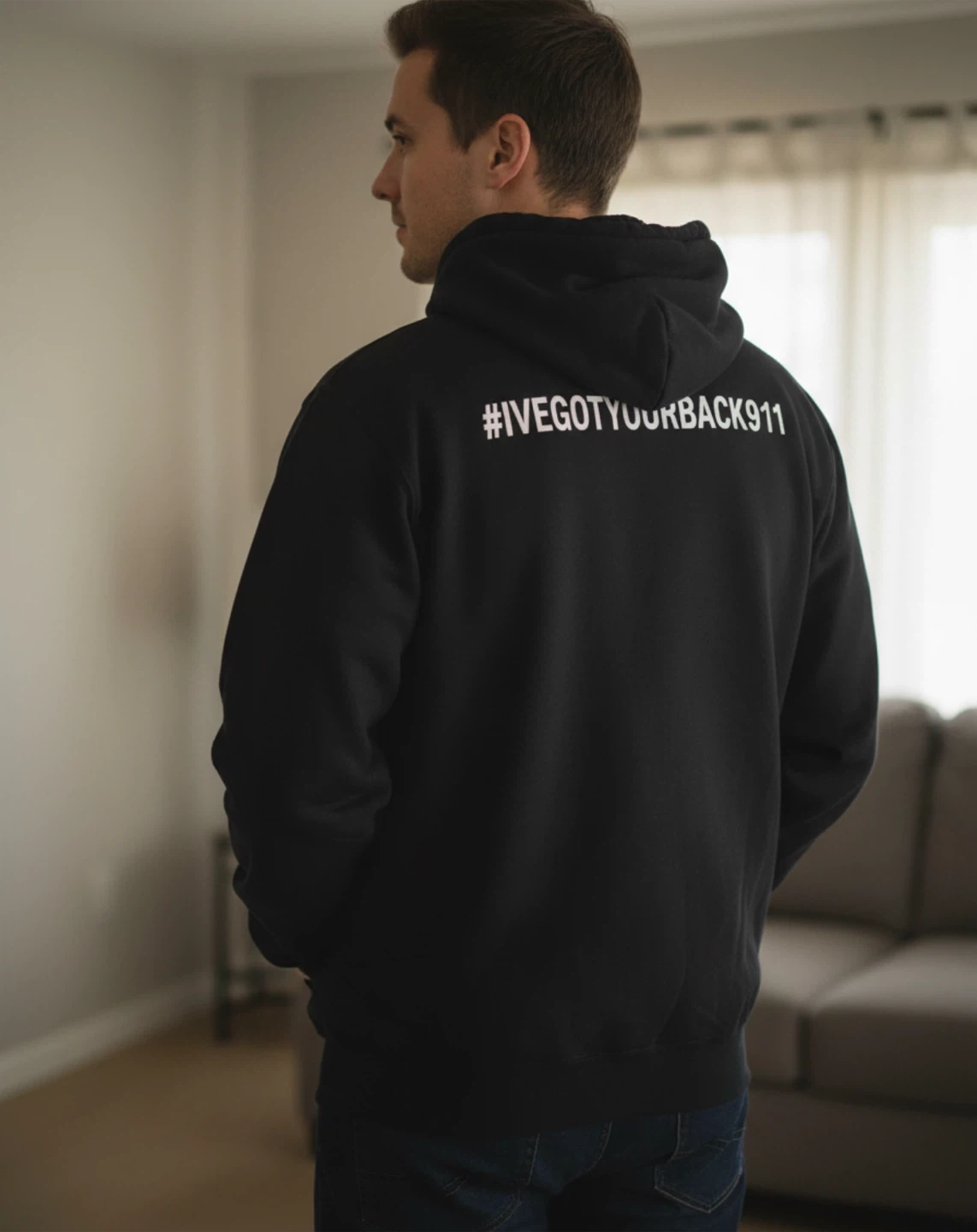 Black Zip-Up Hoodie with #IVEGOTYOURBACK911 Slogan - photo 2