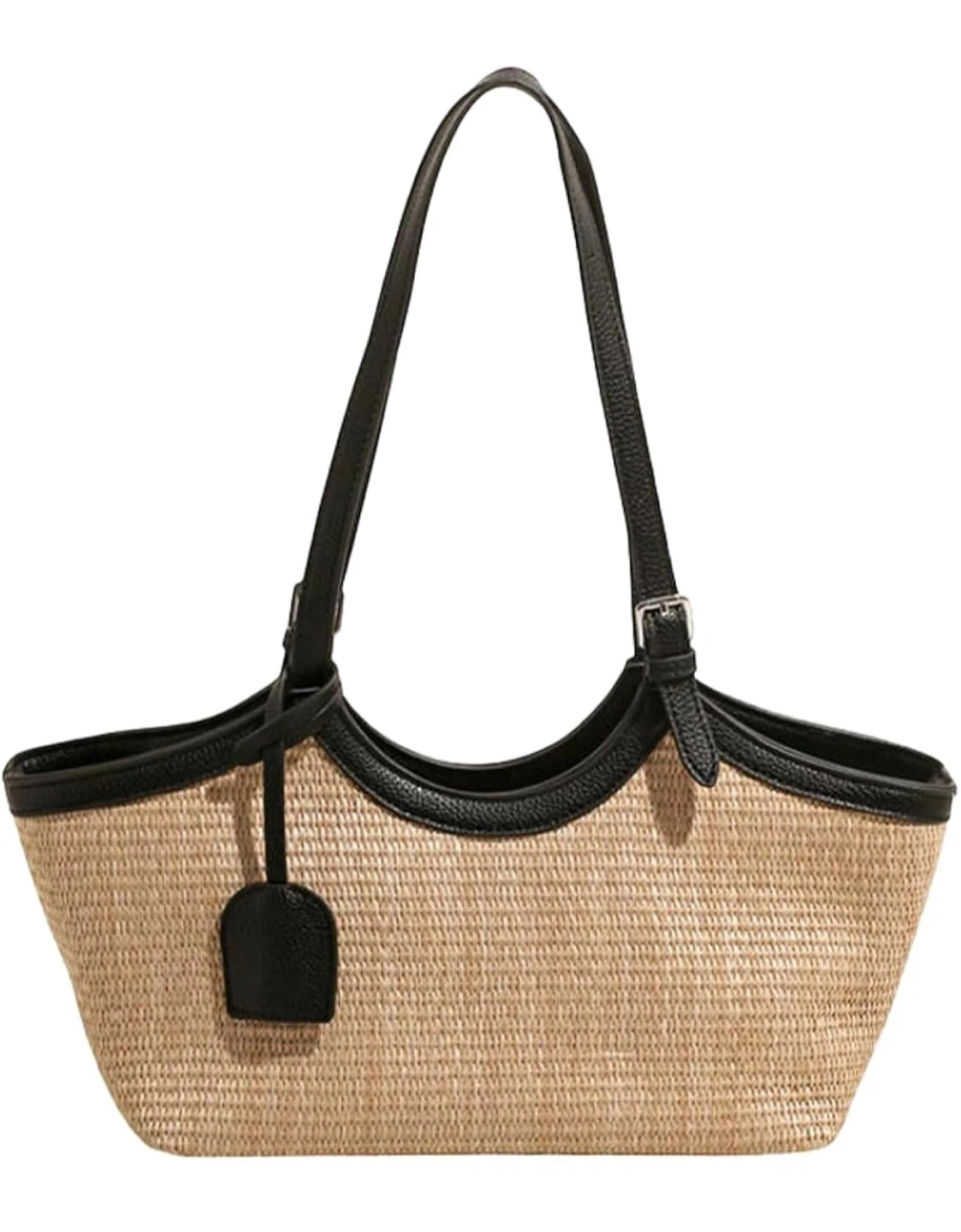 Straw Tote Bag with Faux Leather Trim