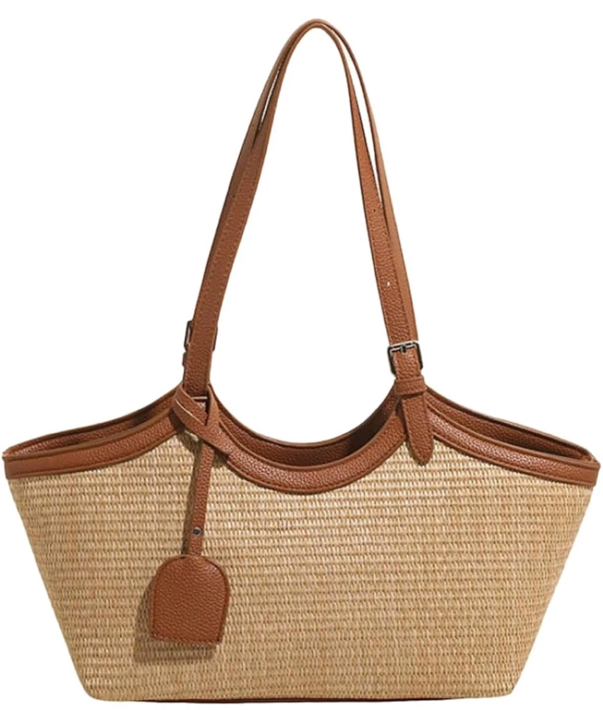 Straw Tote Bag with Faux Leather Trim - photo 2