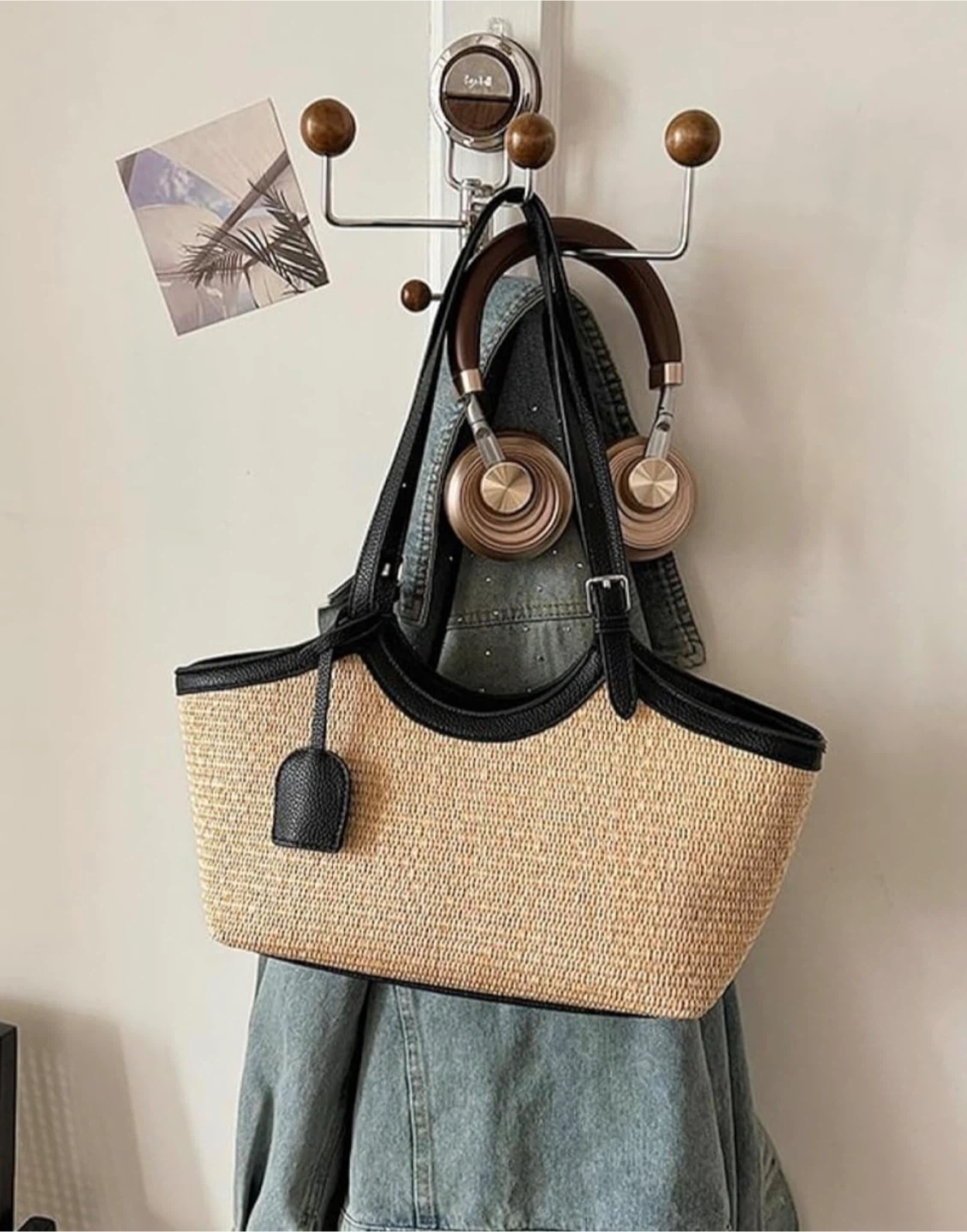 Straw Tote Bag with Faux Leather Trim - photo 3