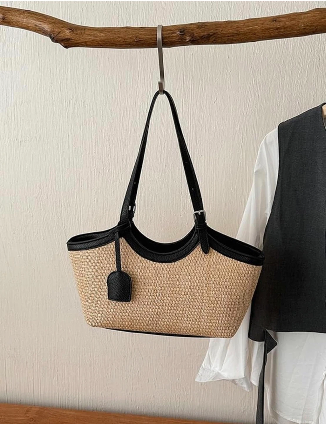 Straw Tote Bag with Faux Leather Trim - photo 4