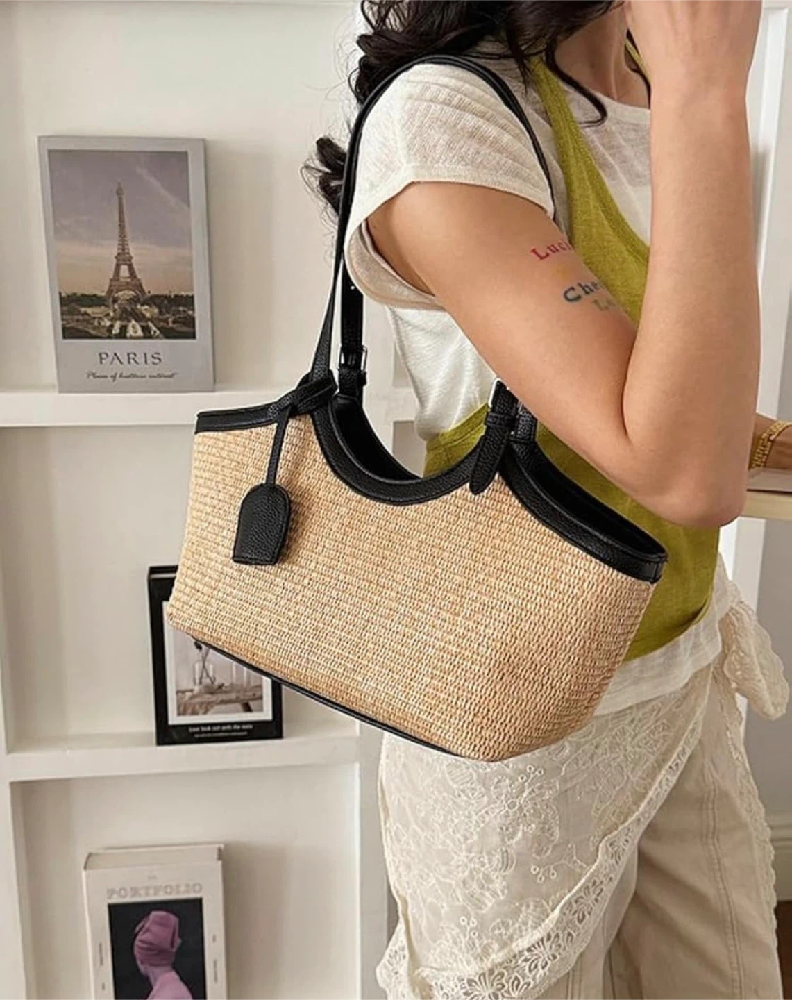 Straw Tote Bag with Faux Leather Trim - photo 5