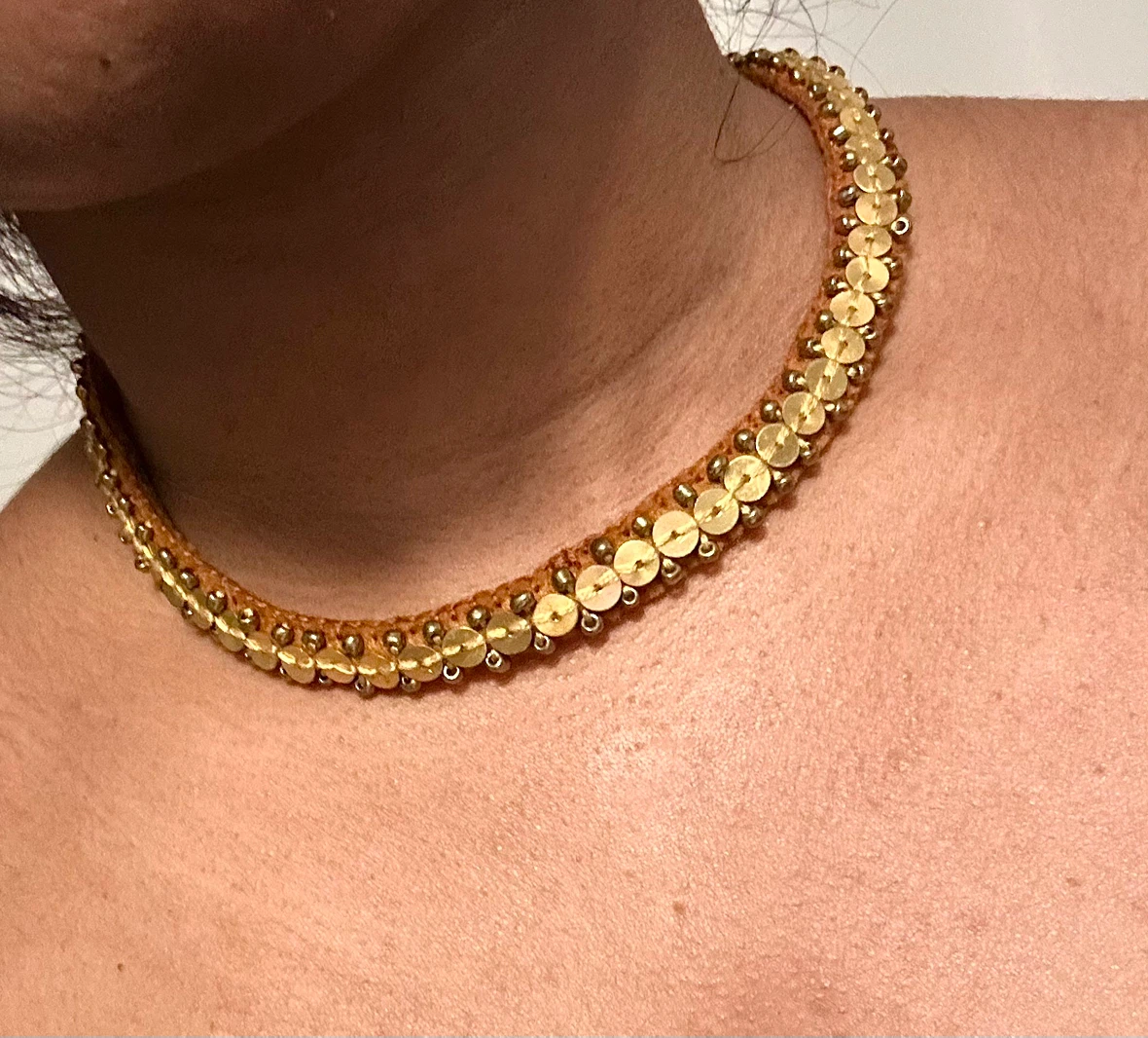 Handmade Choker Necklace with Gold Sequins and Beads