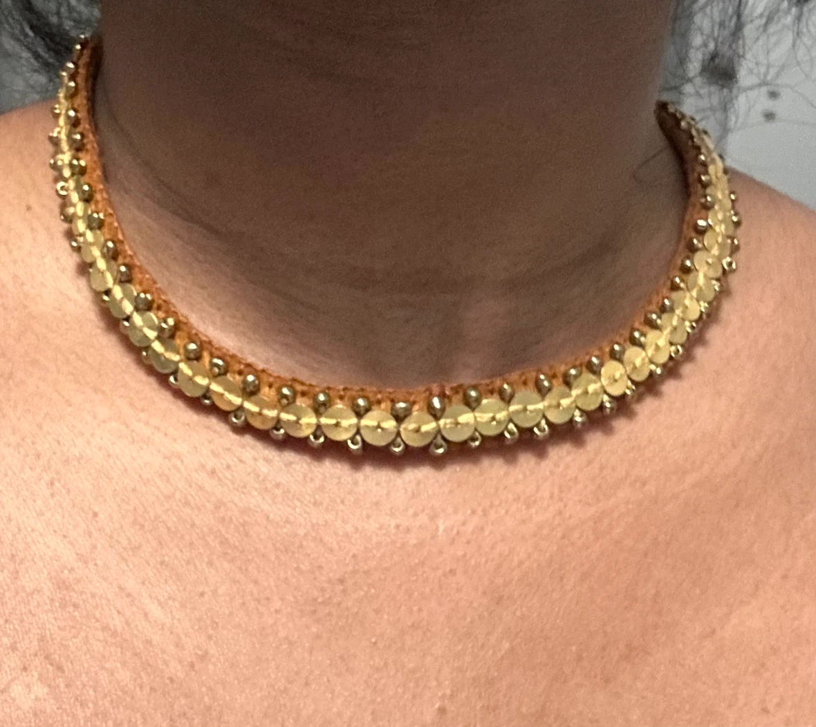 Handmade Choker Necklace with Gold Sequins and Beads - photo 2