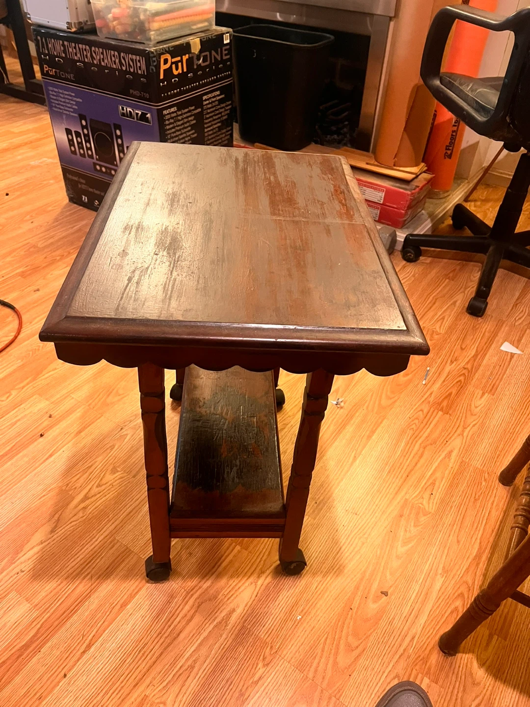 Antique Wooden Side Table with Wheels