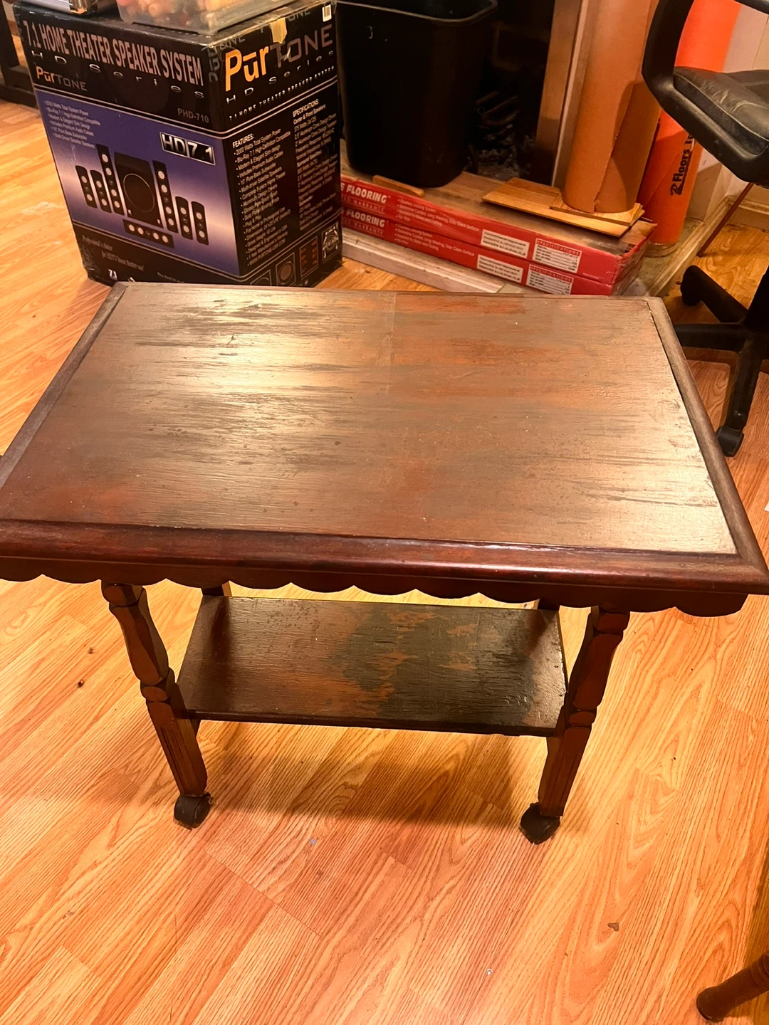 Antique Wooden Side Table with Wheels - photo 2