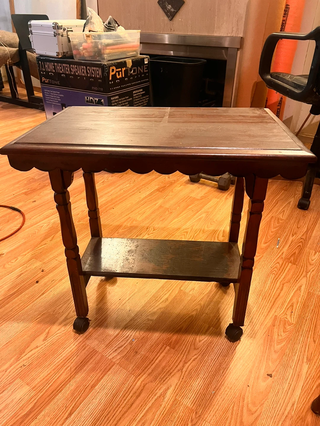 Antique Wooden Side Table with Wheels - photo 3