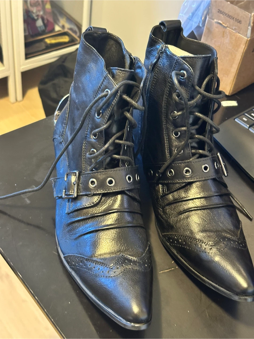 Black Leather Lace-Up Ankle Boots Size 45