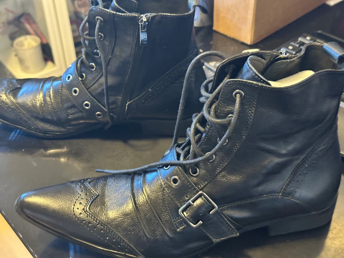 Black Leather Lace-Up Ankle Boots Size 45 - photo 3
