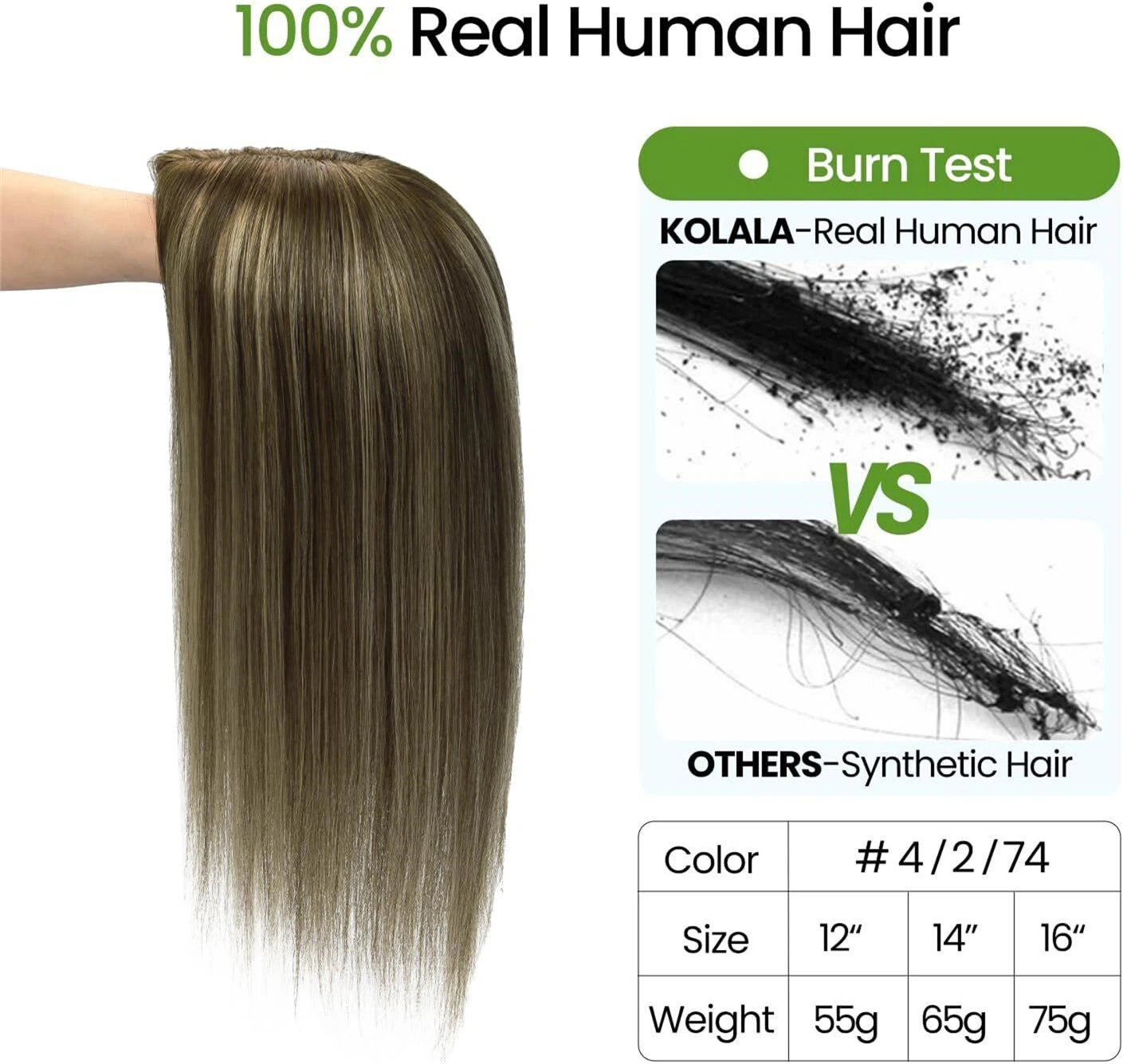 Kolala 14" Real Human Hair Topper Clip-In Color #4/2/74 - photo 2