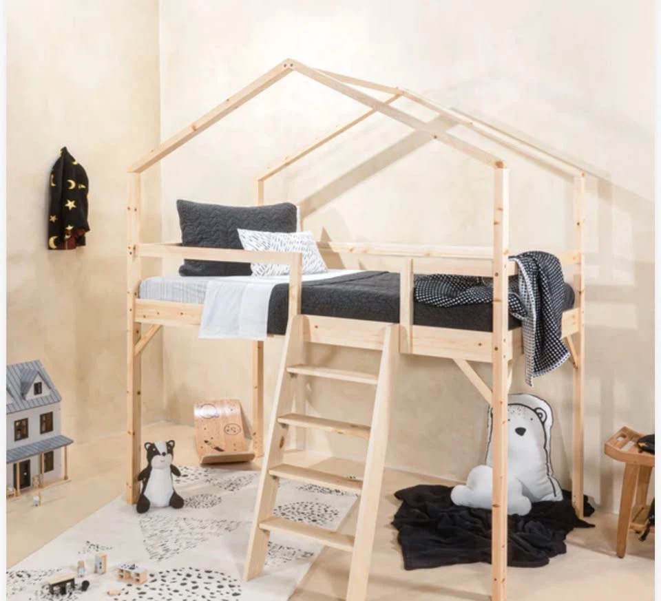 Kid's Loft Bed with House Frame - Natural Wood