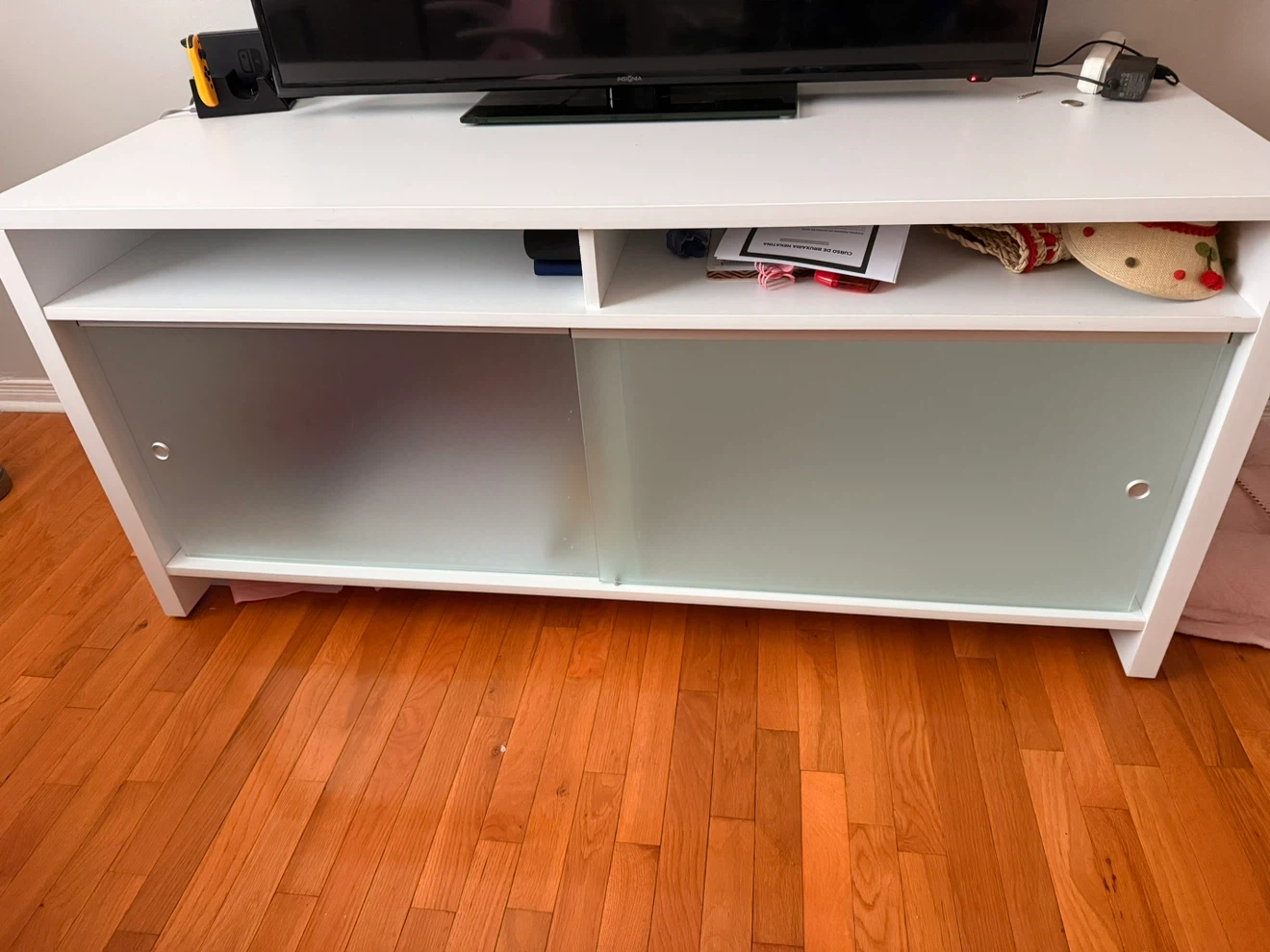 White TV Stand with Frosted Sliding Doors