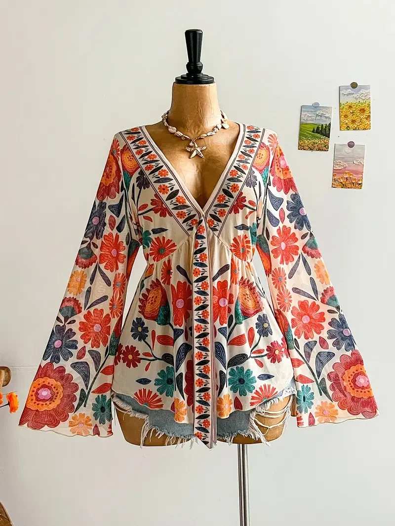 Floral Print V-Neck Bell Sleeve Top