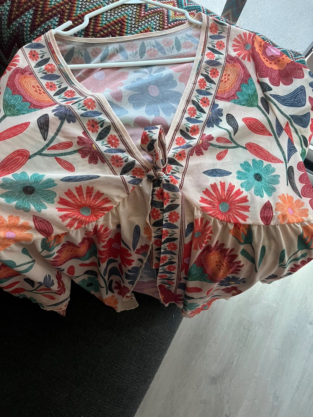 Floral Print V-Neck Bell Sleeve Top - photo 5