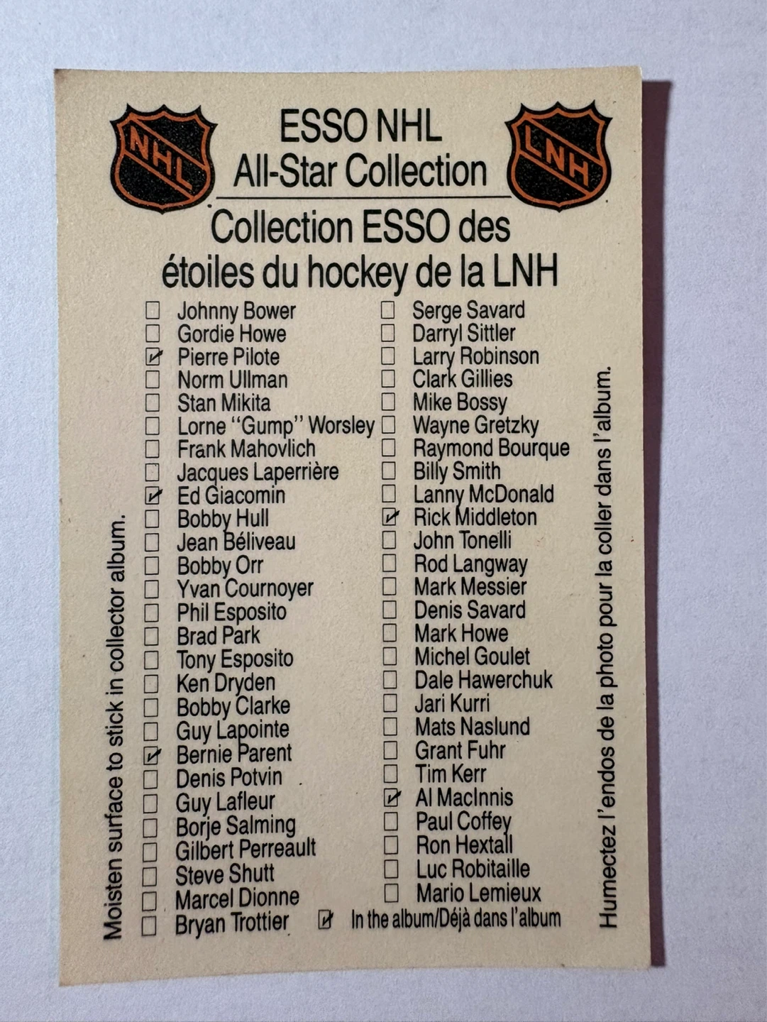 ESSO NHL All-Star Collection Lorne "Gump" Worsley Hockey Card - photo 2
