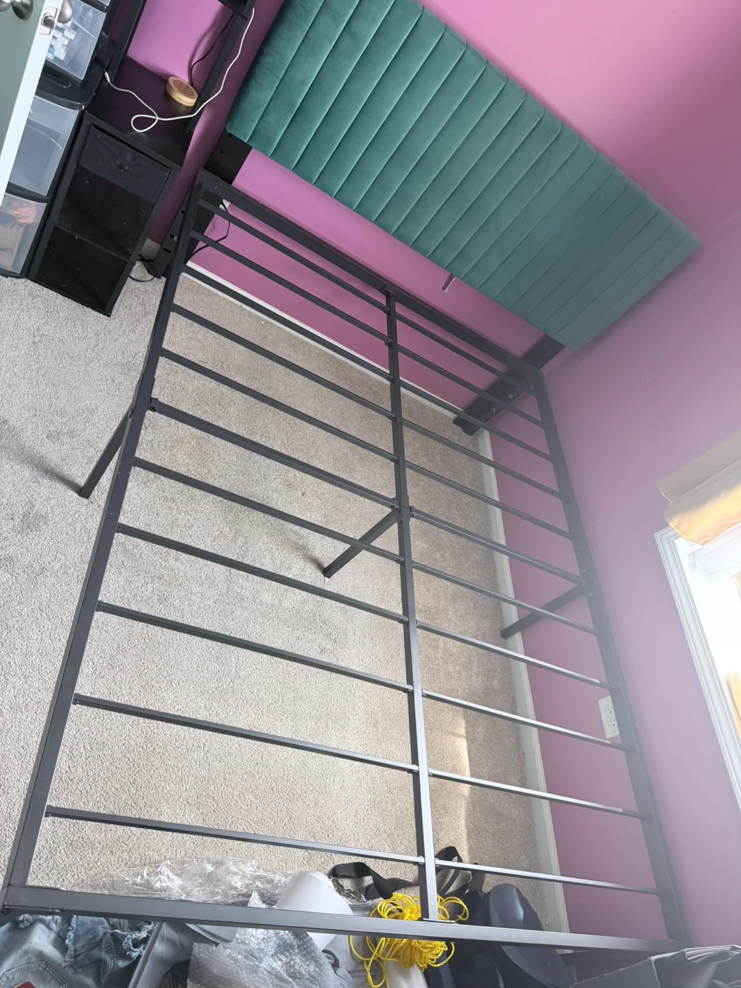 Queen Metal Bed Frame with Teal Upholstered Headboard