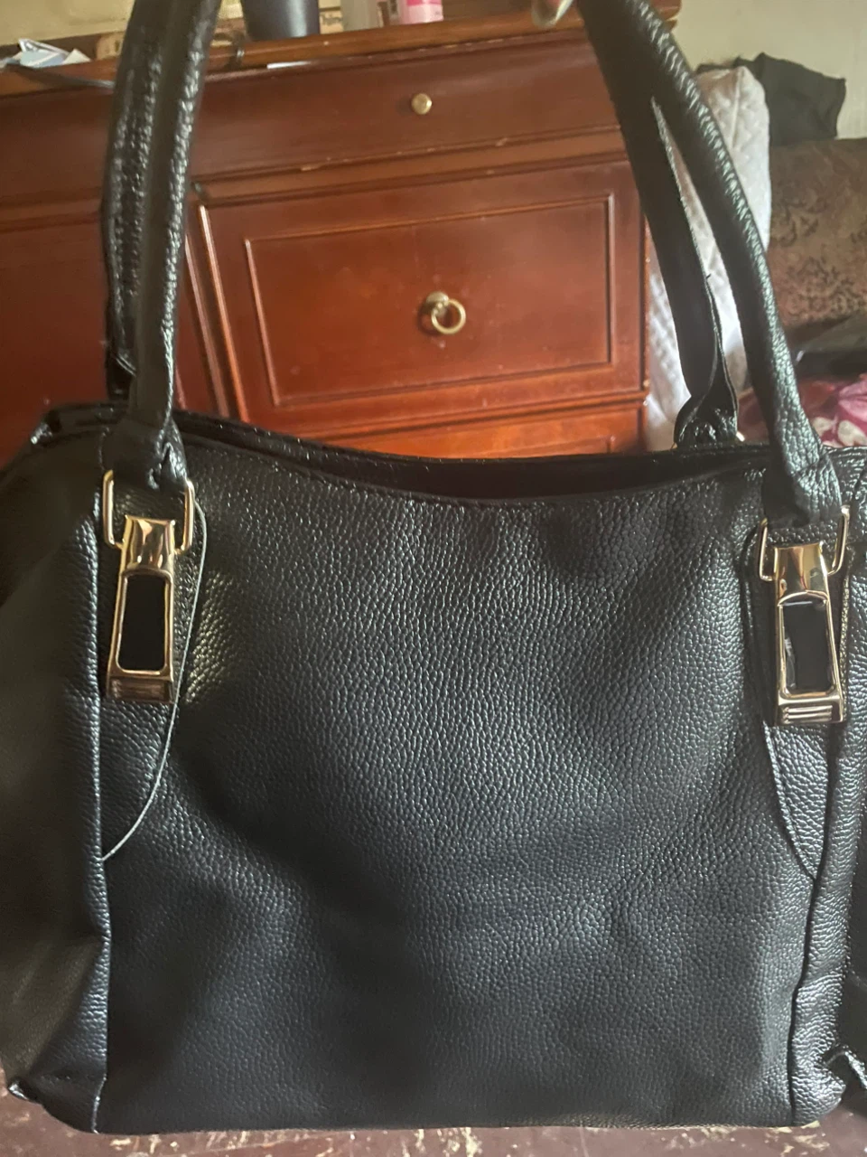 Black Faux Leather Tote Handbag