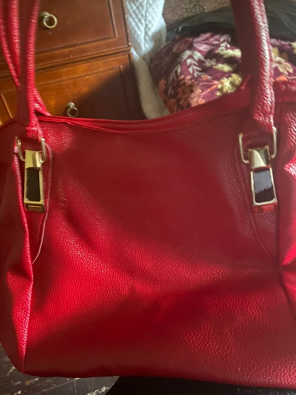 Red Faux Leather Tote Handbag