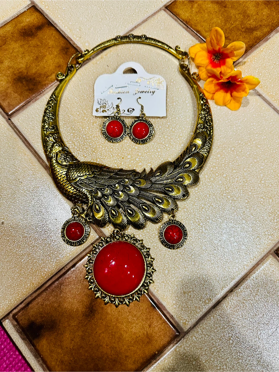 Gold Peacock Necklace and Earrings Set with Red Stones