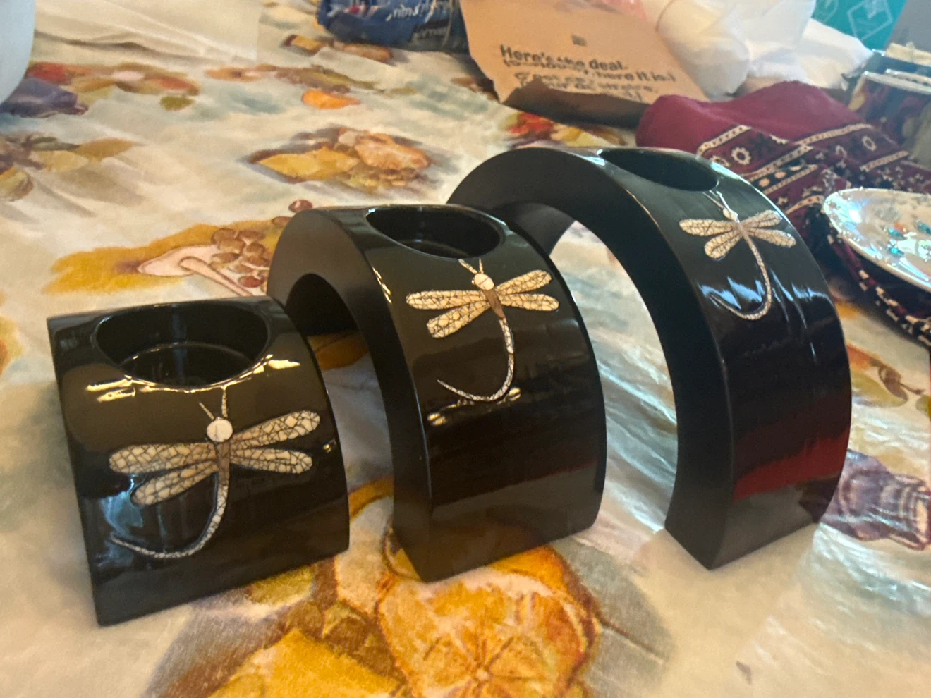 Set of 3 Black Dragonfly Votive Candle Holders