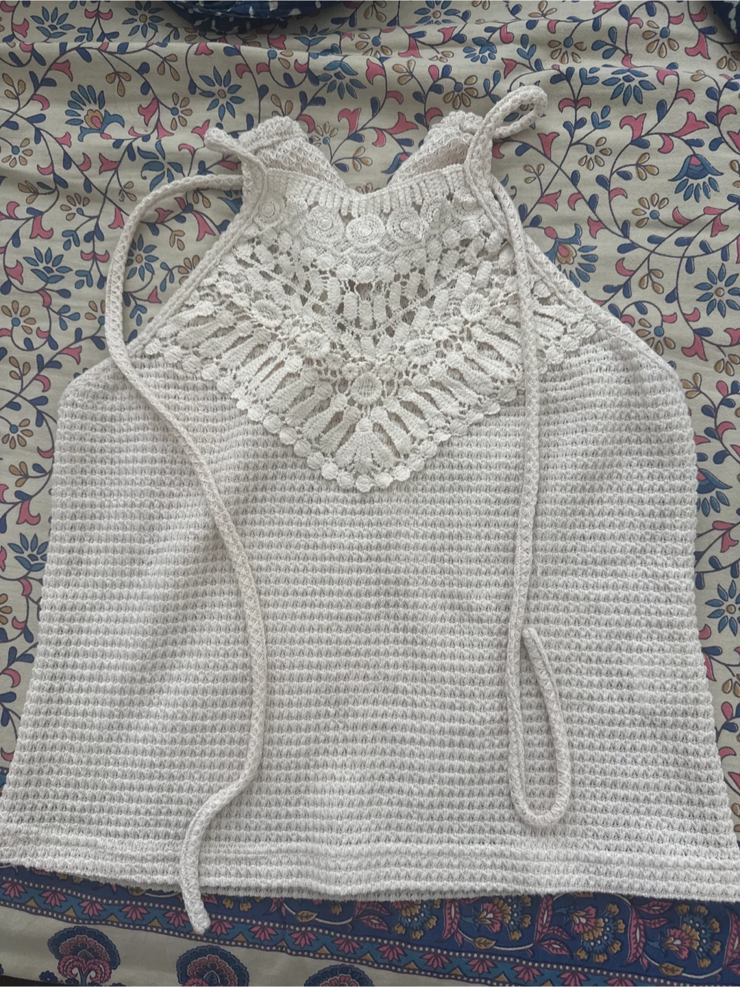 White Crocheted Halter Top with Lace Detail
