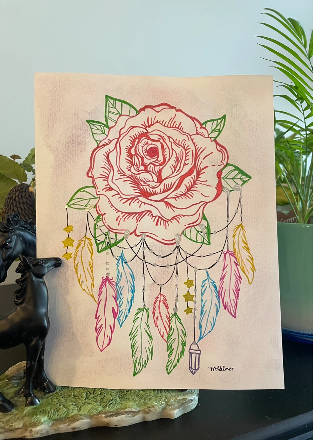 Mixed media Rose and Dreamcatcher Art