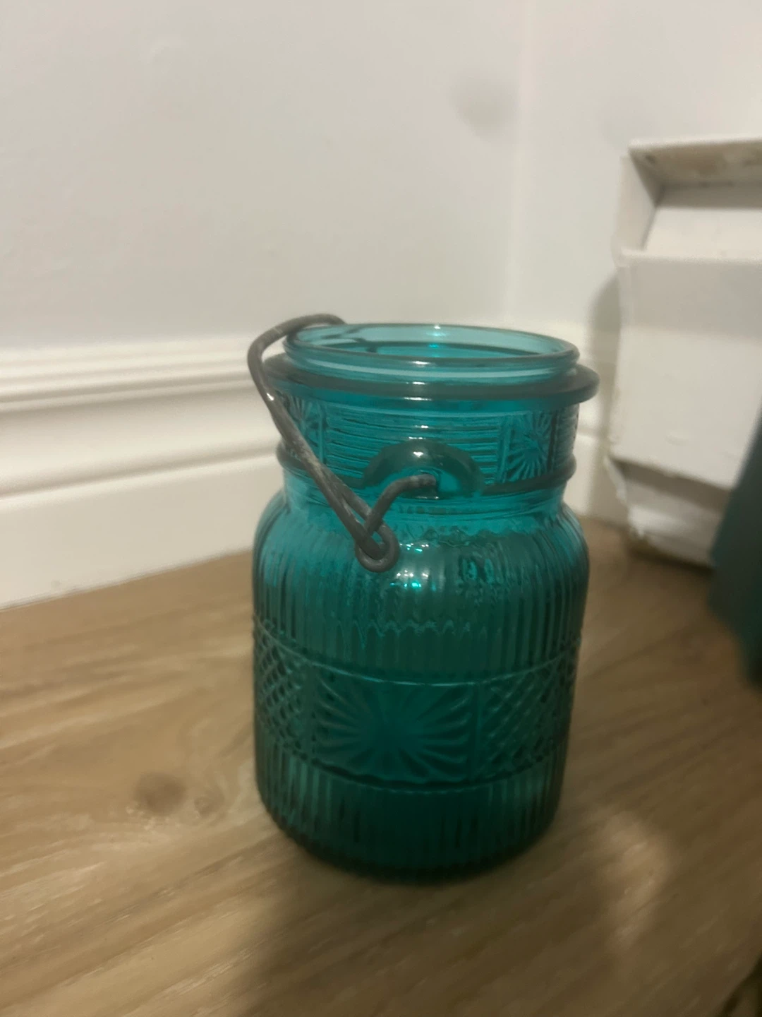 Teal Glass Lantern with Wire Handle