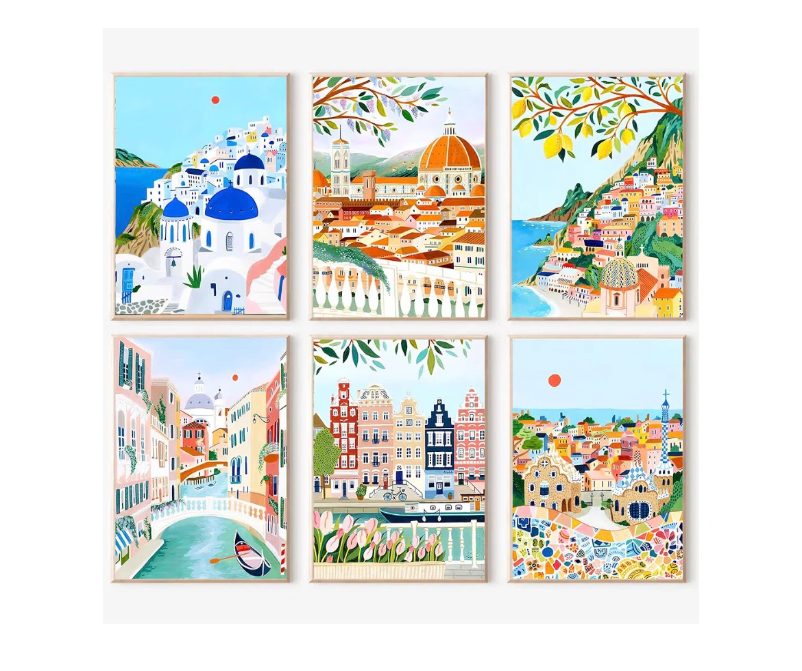 Set of 5 paint by number Travel Destination Art Prints