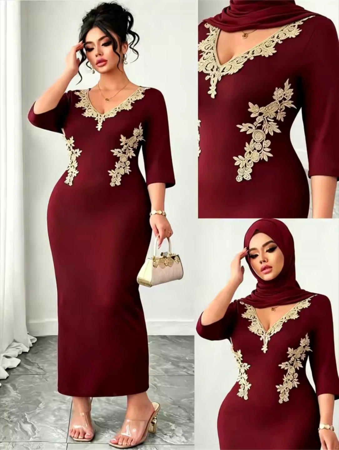 Maroon Embroidered V-Neck Maxi Dress