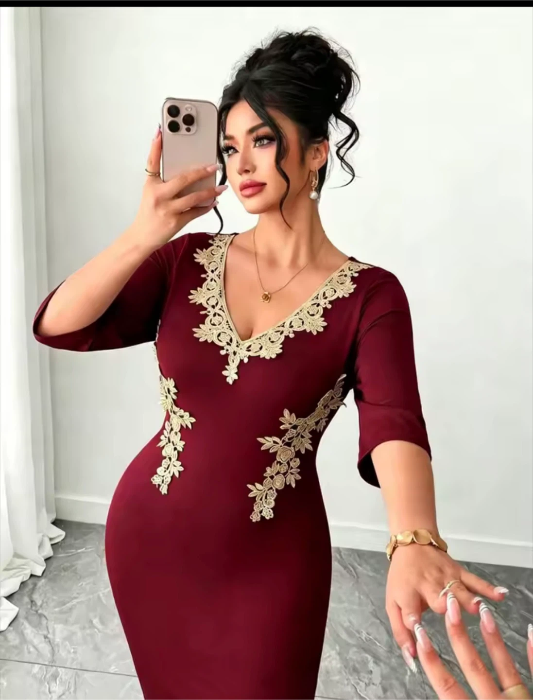 Maroon Embroidered V-Neck Maxi Dress - photo 3