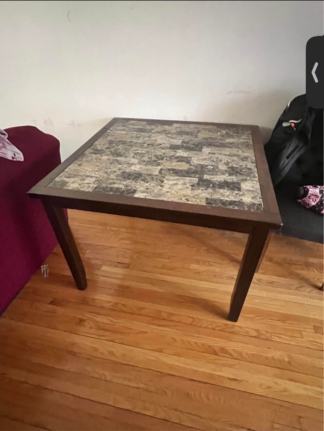 Square dining table with marble top