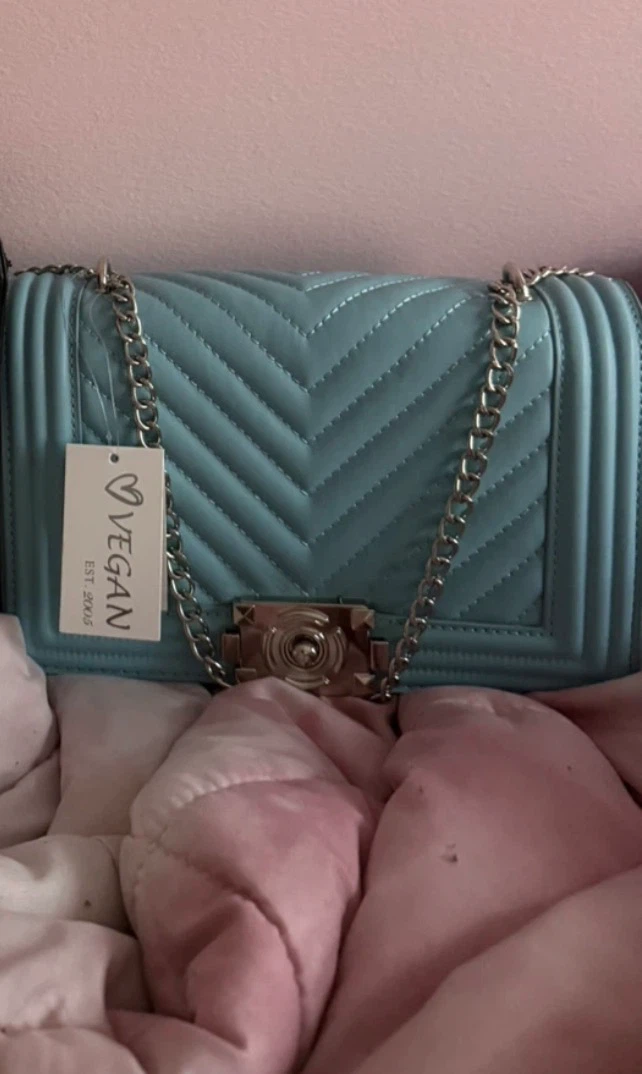 Vegan Quilted Chain Crossbody Bag light blue