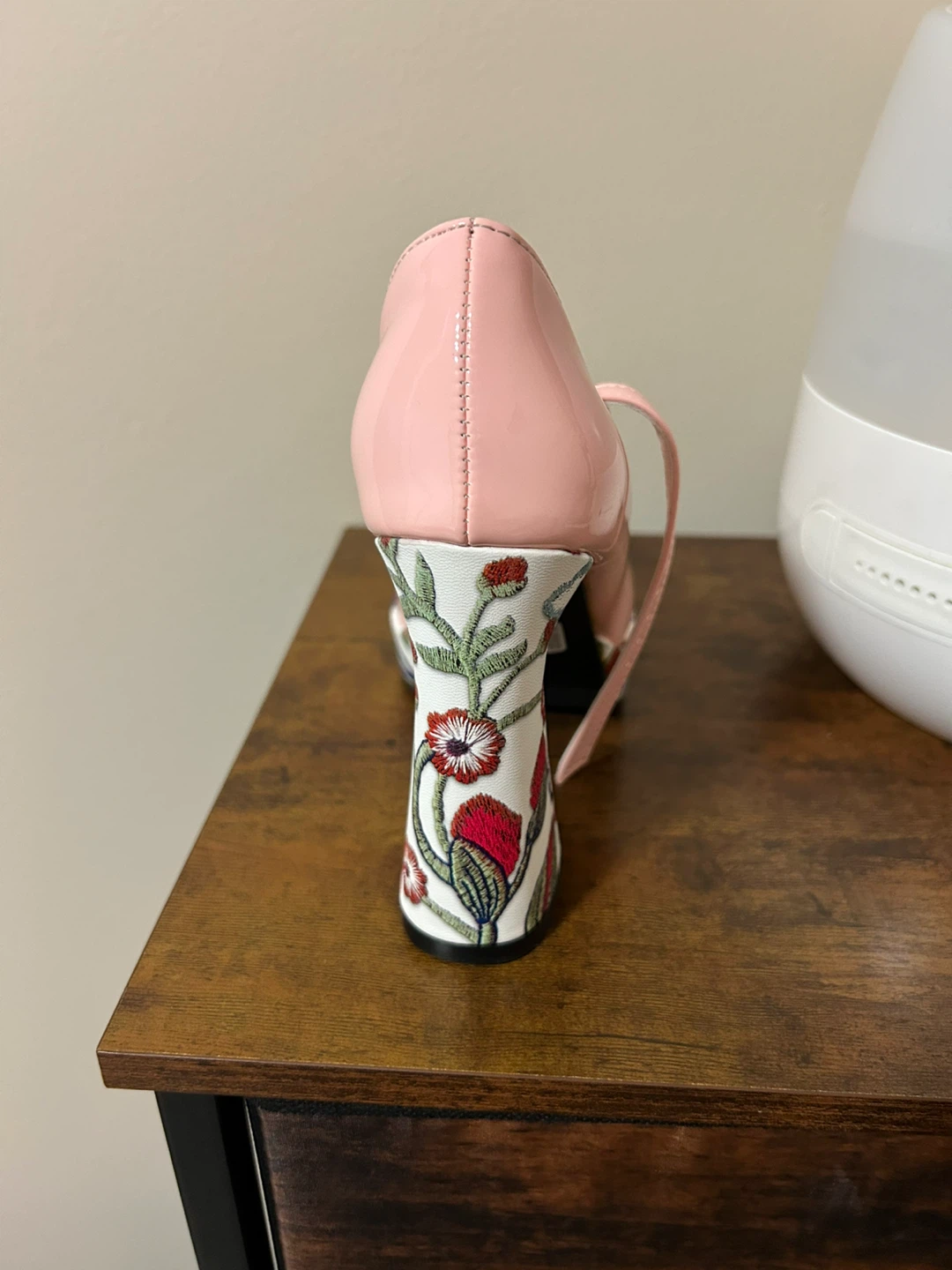 Pink Mary Jane Heels with Floral Embroidery
