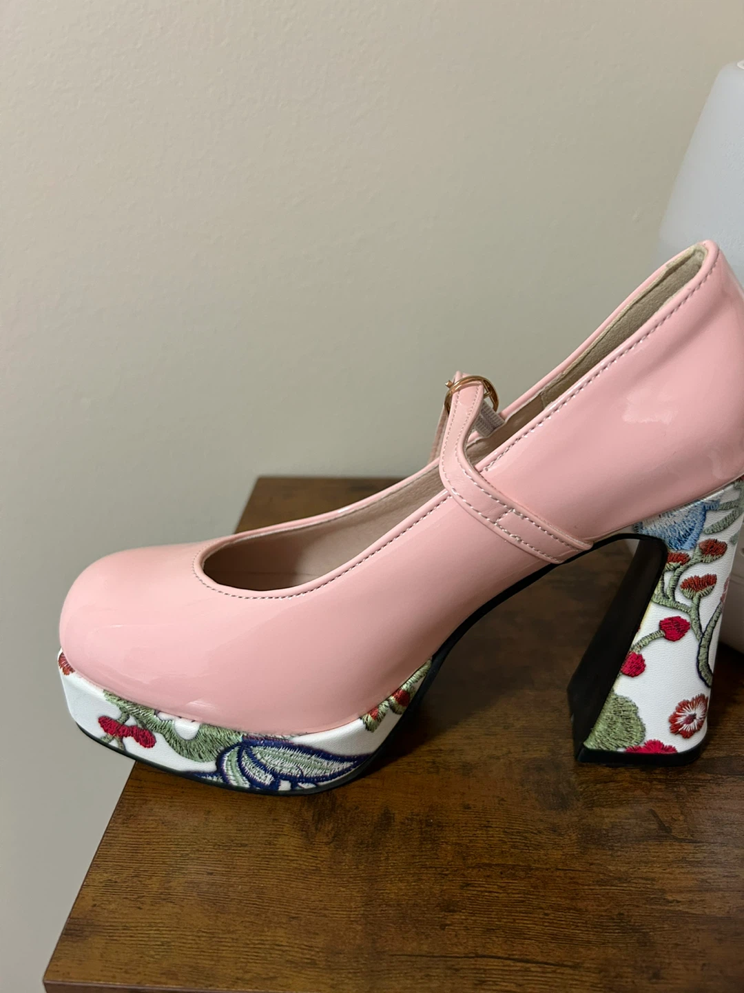 Pink Mary Jane Heels with Floral Embroidery - photo 2