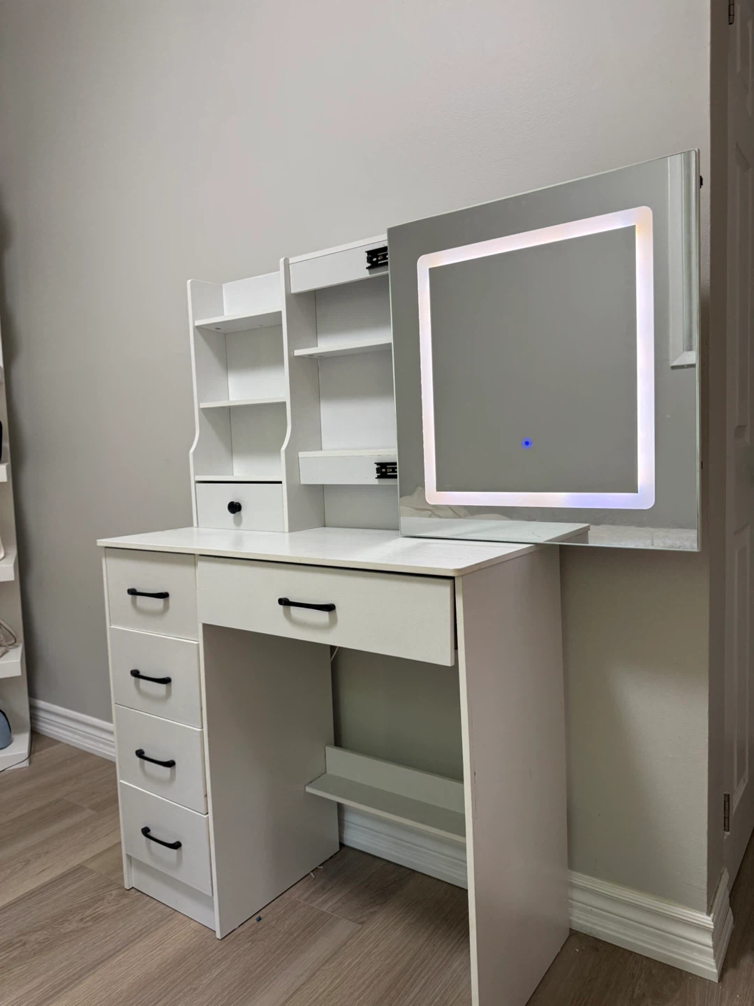 Modern White Makeup Vanity with LED Mirror, Excellent Condition - photo 3