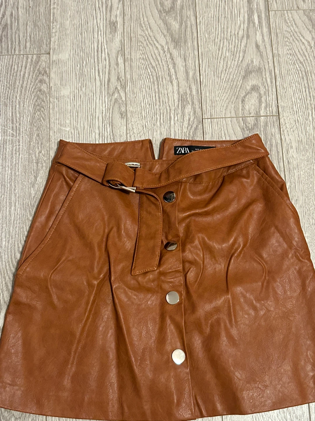 Brown Faux Leather A-Line Skirt with Belt
