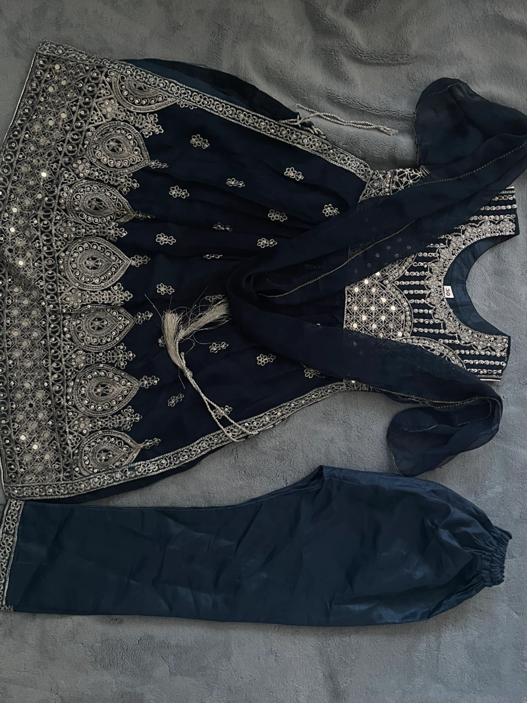 Girls' Embroidered Navy Blue Dress with Pants and Dupatta