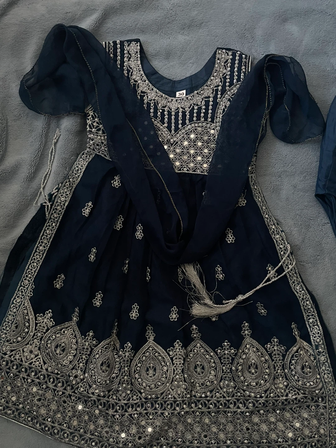 Girls' Embroidered Navy Blue Dress with Pants and Dupatta - photo 2