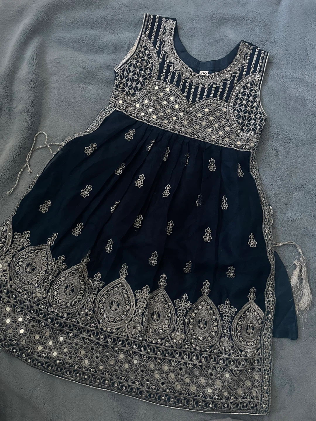Girls' Embroidered Navy Blue Dress with Pants and Dupatta - photo 3